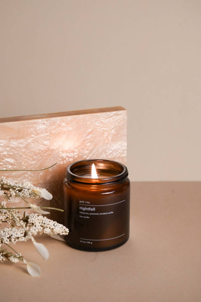 Nightfall soy candle - labdanum, patchouli, smoked vanilla